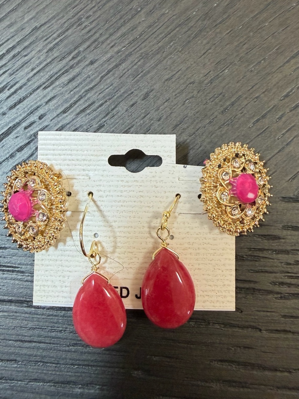 Gold-Tone Pink Teardrop & Filigree Drop Earring Set